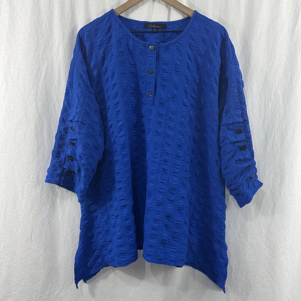 Calessa Royal Blue Crinkle Textured Asymmetric Lagenlook Button Top Womens 1X